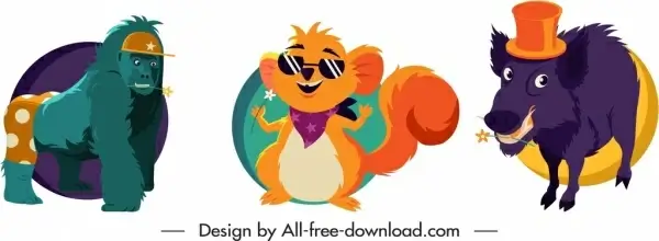 animals icons stylized gorilla squirrel boar sketch