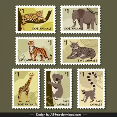 animals save stamps collection retro design wild species sketch 