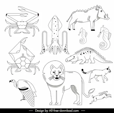 animals species icons black white handdrawn sketch