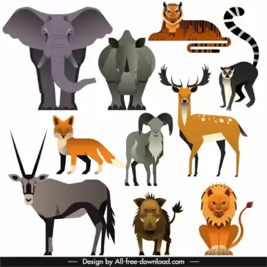 animals species icons colored classic flat sketch