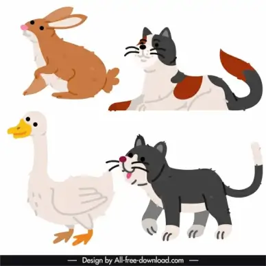 animals species icons colored flat handdrawn classic sketch