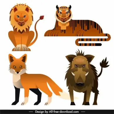 animals species icons lion tiger fox boar sketch