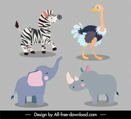 animals species icons zebra ostrich elephant rhino sketch