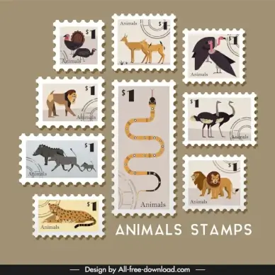 animals stamps templates collection flat retro cartoon species sketch