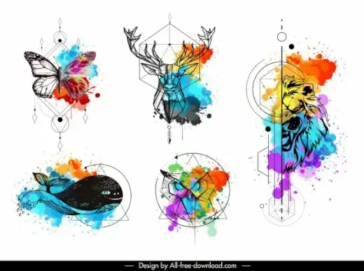 animals tattoo templates colorful grunge polygonal handdrawn sketch