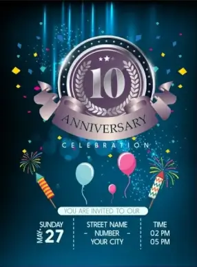 anniversary banner shiny medal ribbon balloon fireworks decor