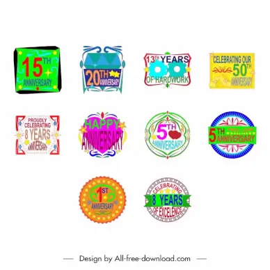 anniversary icon sets colorful flat shapes sketch