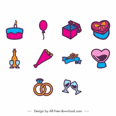 anniversary icons sets flat classical decorative symbols sketch