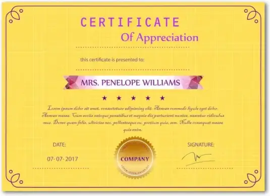 appreciation certificate vector illustration with yellow background
