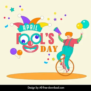 april fools day colorful dynamic funny clown balloons stars stylized texts decor