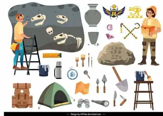 archaeology design elements tools people sketch cartoon design