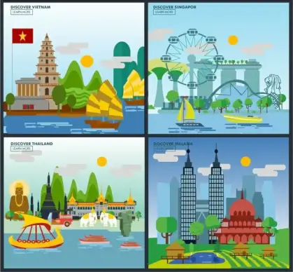 asia travel design concept with colorful landscape illustration