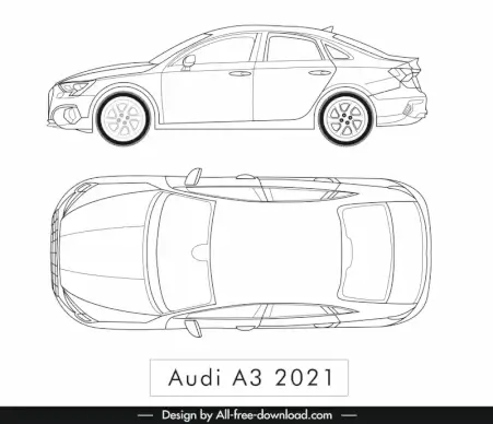 audi a3 2021 car model advertising template flat black white handdrawn top view side view sketch