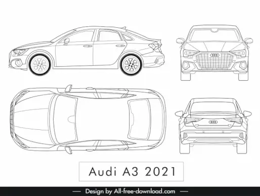 audi a3 2021 car model template flat black white handdrawn different views sketch