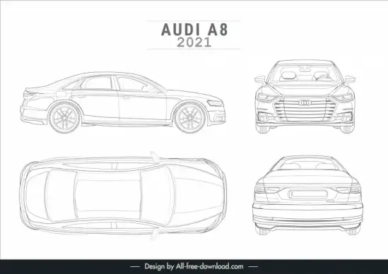 audi a8 2021 lineart template flat black white handdrawn different views sketch