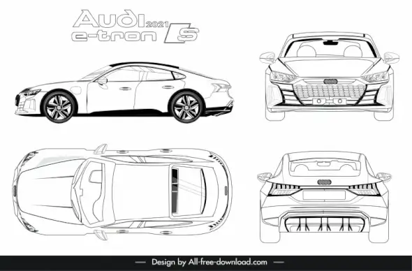 audi e tron 2021 car model icons flat black white different views outline