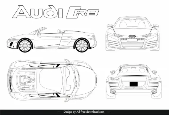audi r8 2021 car model advertising template black white handdrawn different view outline