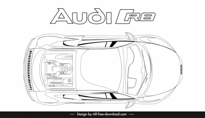 audi r8 2021 car model icon flat black white handdrawn top view outline 