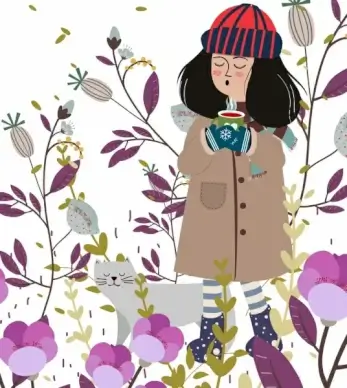 autumn background relaxed girl coat flowers icons decor