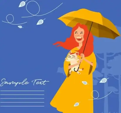 autumn background woman umbrella wind flying leaf icons
