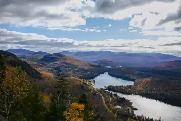 autumn daytime fall fog forest hill lake landscape