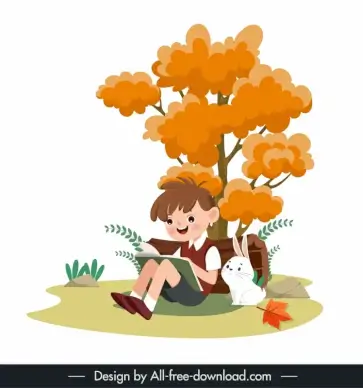 autumn design elements boy reading book bunny cartoon 