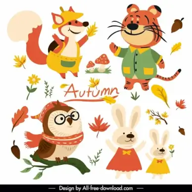 autumn design elements cute stylized animals plants sketch