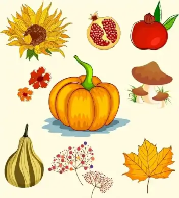 autumn design elements fruit mushroom sunflowers leaf icons