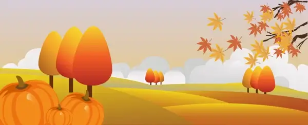 autumn drawing design with falling leaves and pumpkins