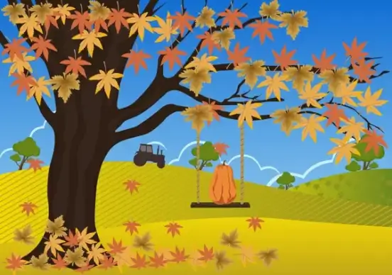 autumn drawing design with falling leaves on field