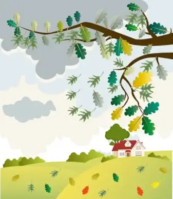 autumn drawing design with falling leaves on hill