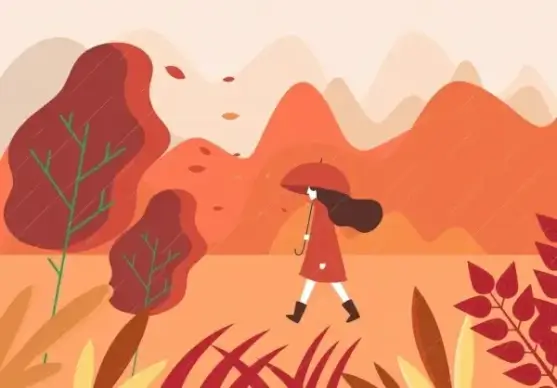 autumn painting walking woman rain icons cartoon design