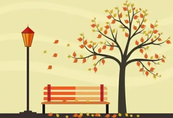 autumn park drawing colorful leaves tree bench ornament