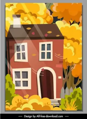 autumn scene background house falling leaves sketch