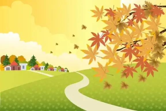 autumn scenery illustration with falling leaves on hill