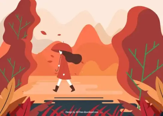 autumn scenery painting walking lady sketch colorful classic