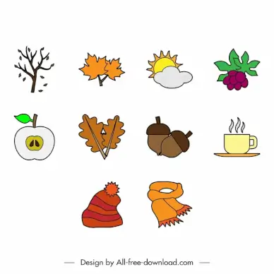 autumn season icons sets flat classical handdrawn outline 