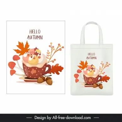 autumn tote bag template elegant cup mushroom chestnut leaves