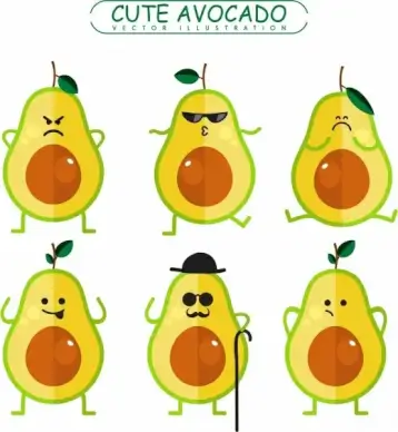 avocado emotional icons cute stylized style colored flat