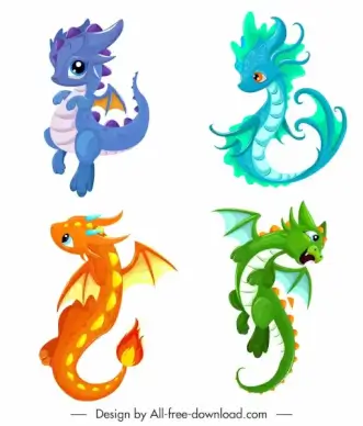 baby dragon icons cute colorful cartoon characters design