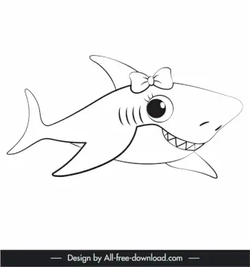 baby shark cartoon character icon cute flat black white handdrawn outline  