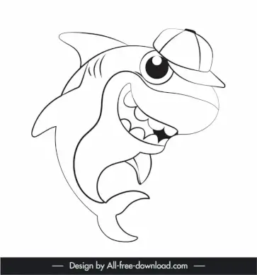 baby shark cartoon character icon funny design flat black white handdrawn outline