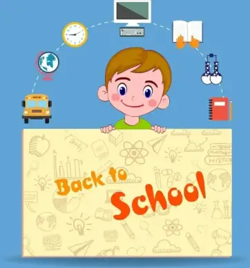 back to school banner handdrawn page boy icons
