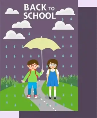 back to school banner pupils rain drops decoration