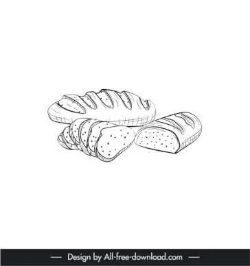 baguette bread slices loaves icons black white handdrawn outline