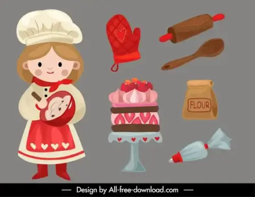 bakery design elements cute girl tools elements