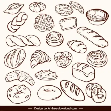 bakery design elements handdrawn classic cakes bread sketch