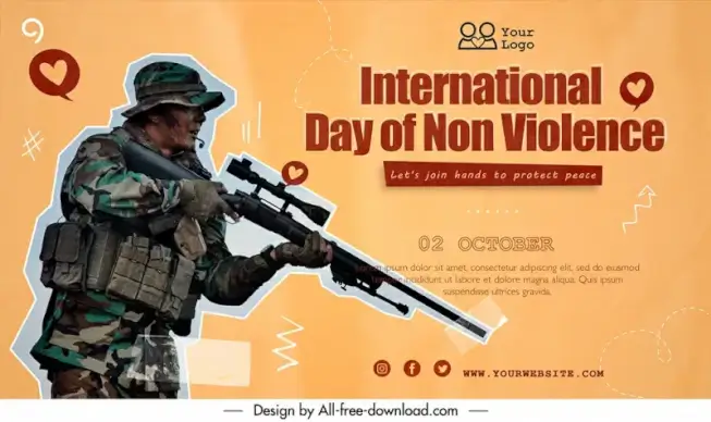 banner happy international day of non violence template soldier weapon sketch modern realistic design 
