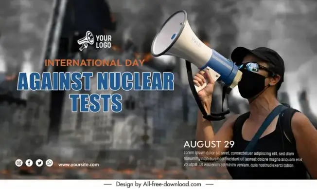 banner international day against nuclear tests template modern contrast blurred realistic design demonstrator speech sketch