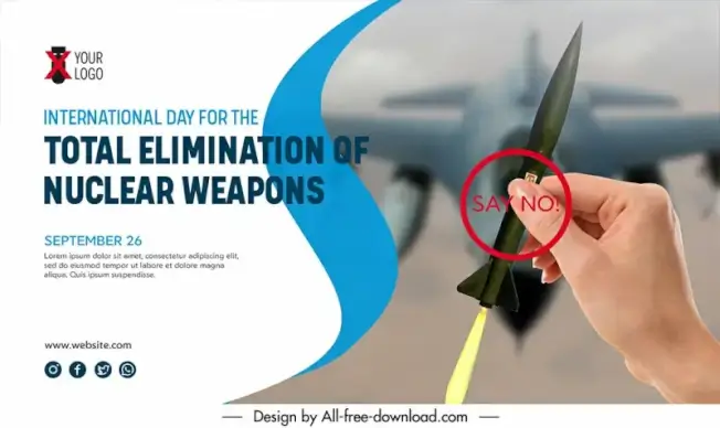 banner international day for the total elimination of nuclear weapons template hand holding rocket warplane sketch